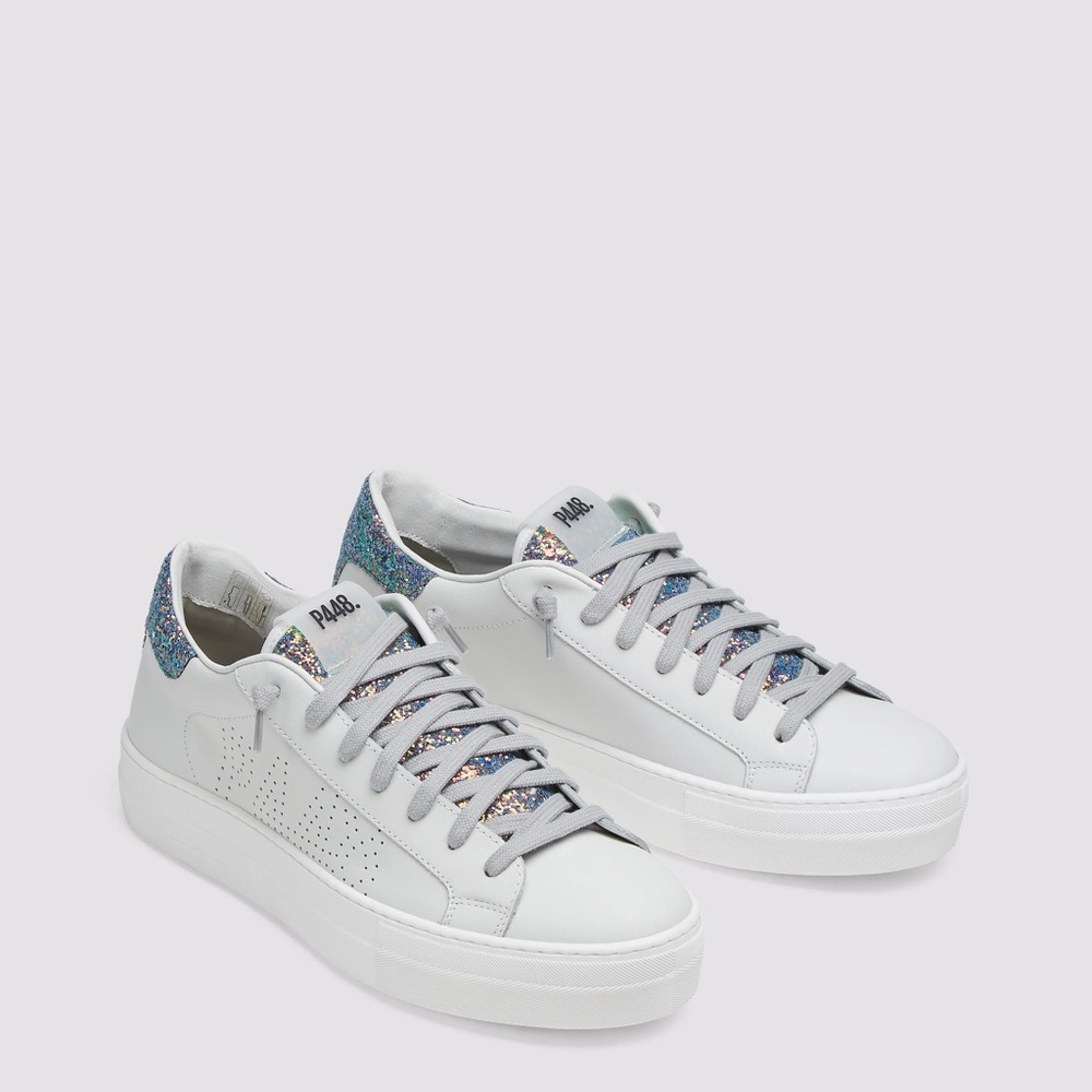 P448 White Leather Sneakers with Iridescent Blue Glitter Accents